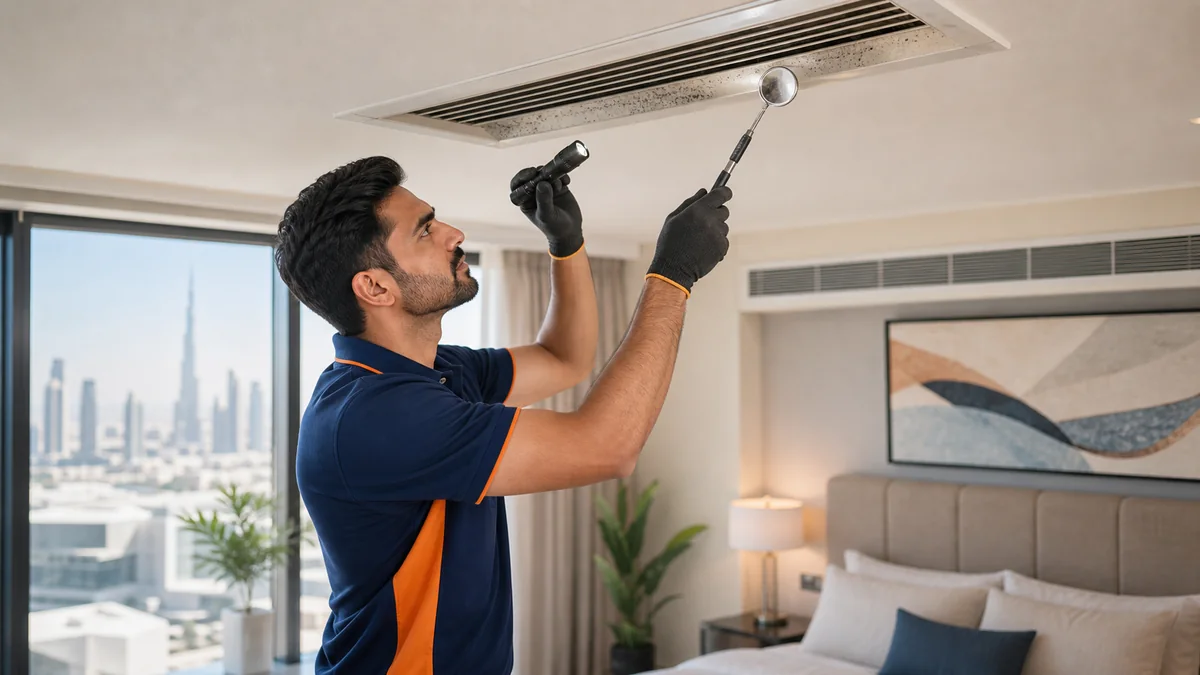 AC technician checking a dusty ceiling diffuser in a Dubai apartment