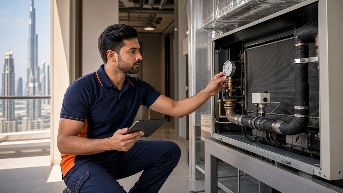 Technician inspecting a Dubai apartment chilled water AC fan coil unit