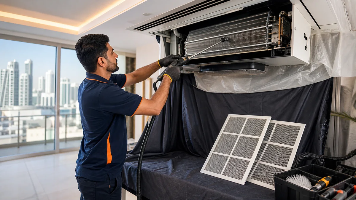 AC technician preparing a deep coil wash service in a Dubai home