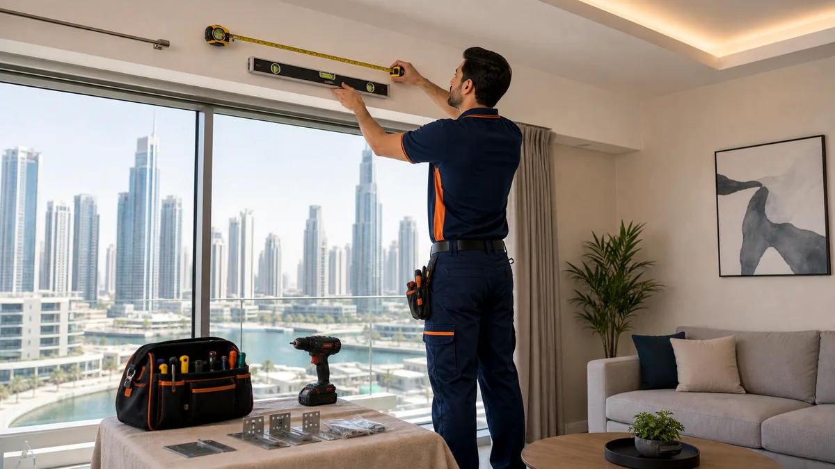 Handyman measuring curtain track installation above a Dubai apartment window