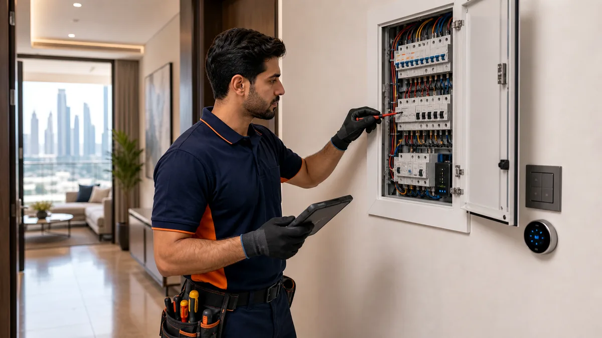 Electrician inspecting a Dubai apartment DB board with a tester and tablet