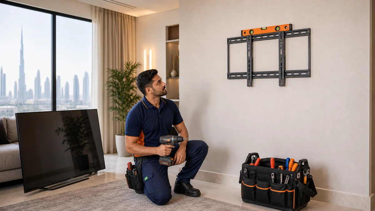 Handyman preparing TV wall mounting in a modern Dubai apartment