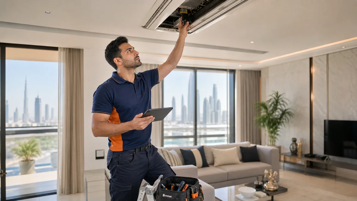 GetItFixed technician checking an AC unit inside a Dubai apartment