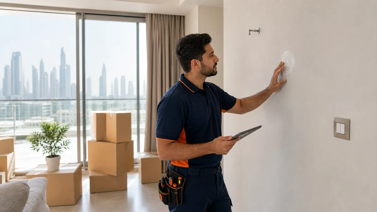 Technician checking wall touch-ups and fixtures during a Dubai rental handover inspection