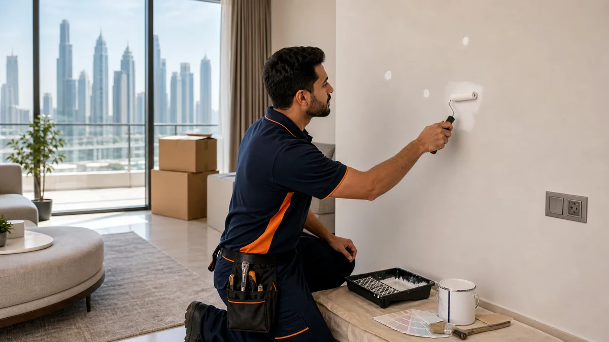 Painter applying rental wall touch-ups before a Dubai move-out handover