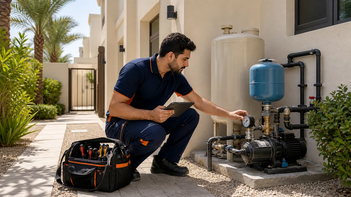 Plumbing technician checking a villa booster pump and pressure gauge in Dubai