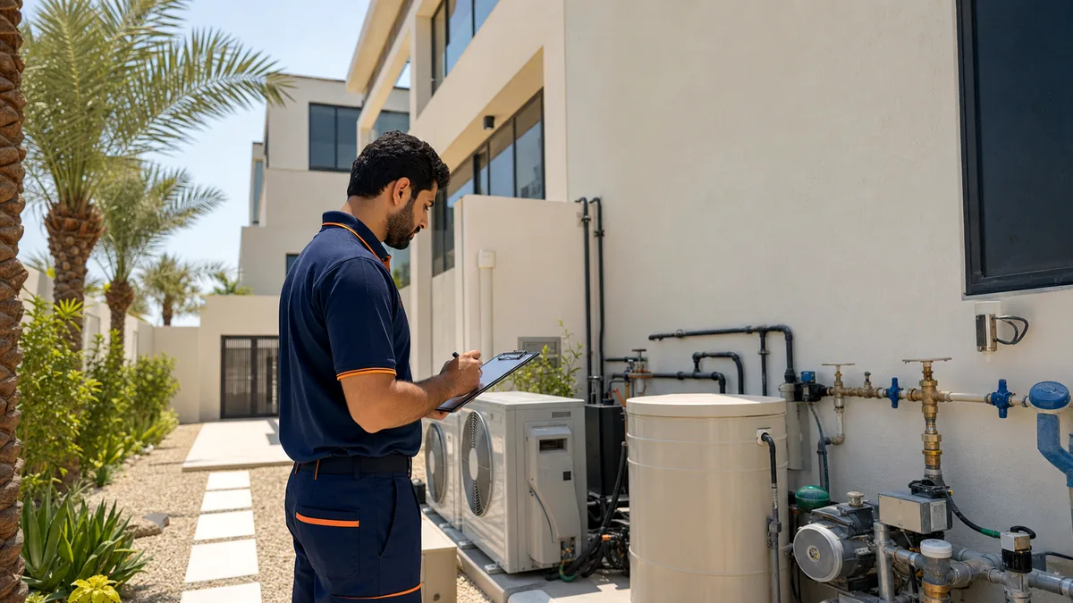 Technician inspecting villa AC units, pumps, and exterior plumbing for preventive maintenance
