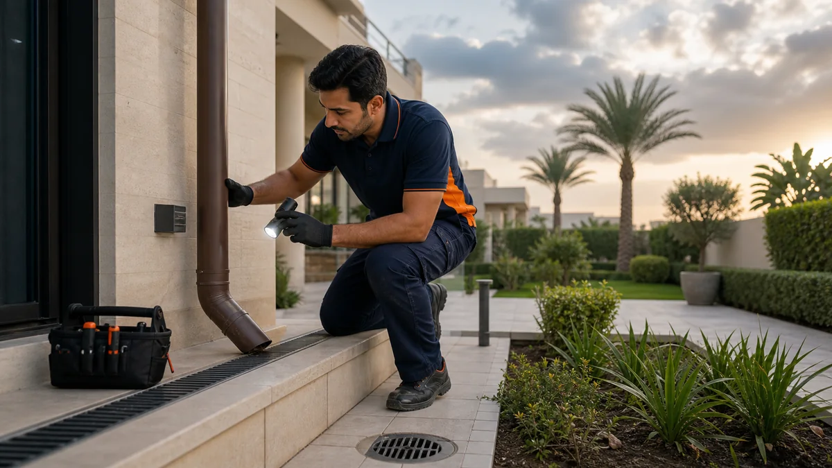 Technician checking exterior drainage before winter rain at a Dubai villa