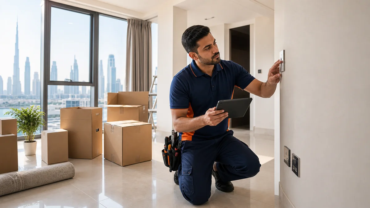Technician checking fixtures during a Dubai apartment move-in inspection