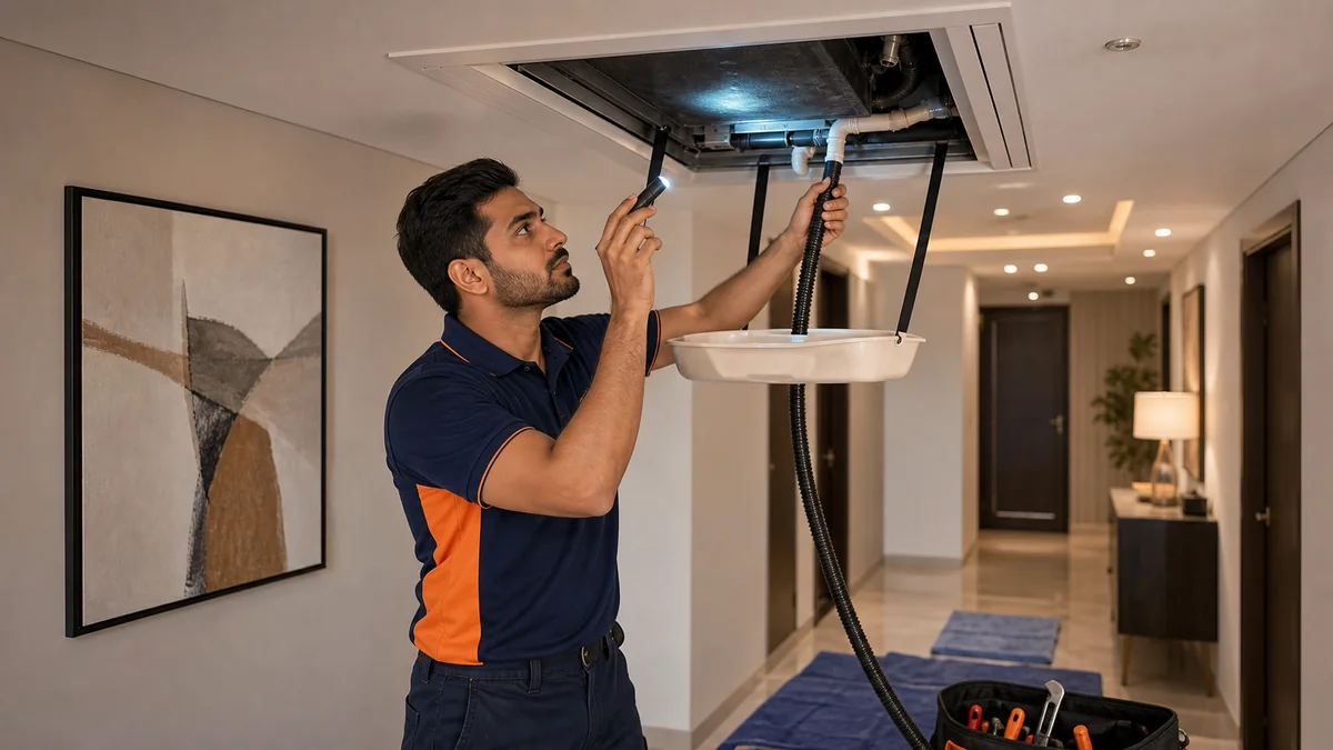 Technician inspecting AC drain line leak inside a Dubai apartment ceiling area