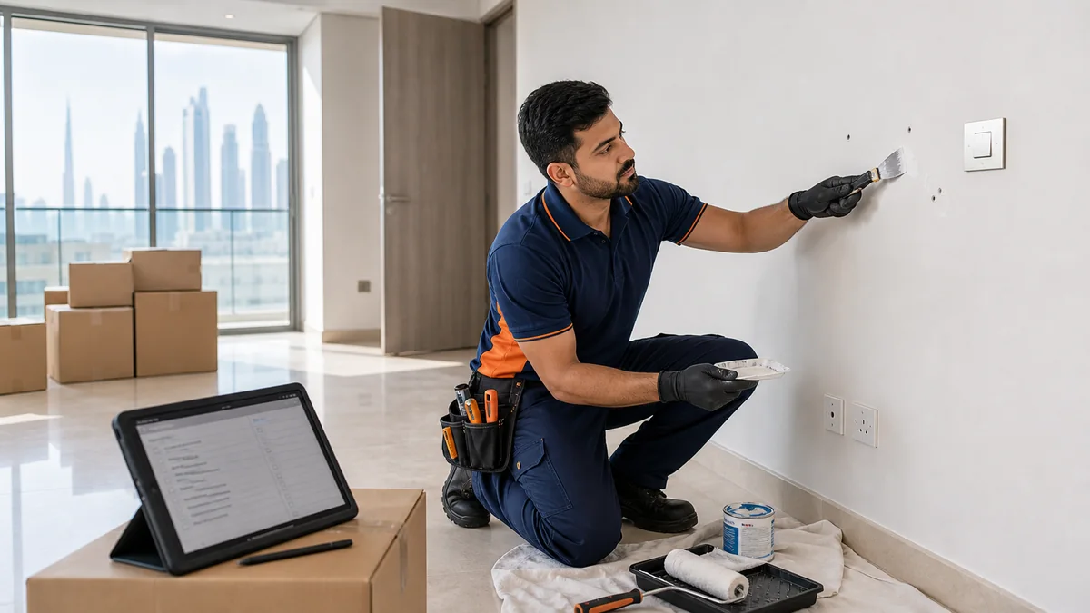 Painter repairing wall marks before a Dubai tenant move-out inspection