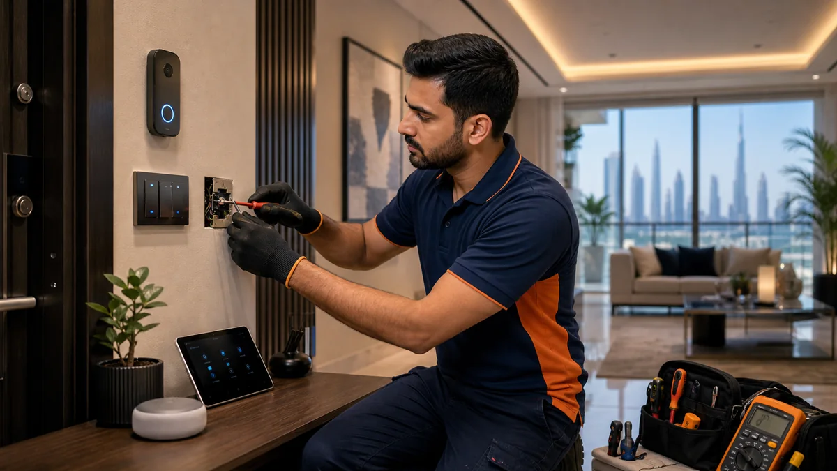 Electrician checking smart switch wiring in a Dubai apartment