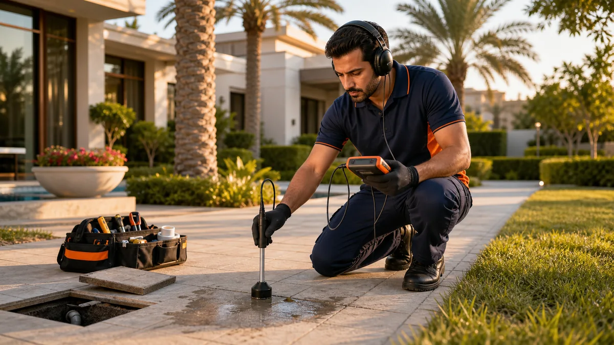 Plumbing technician checking suspected underground water leak at a Dubai villa