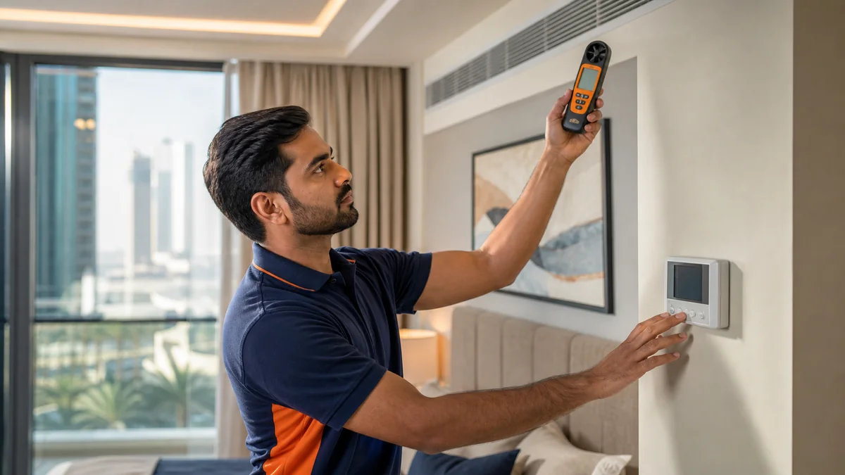 Technician inspecting AC airflow and thermostat in a Dubai apartment