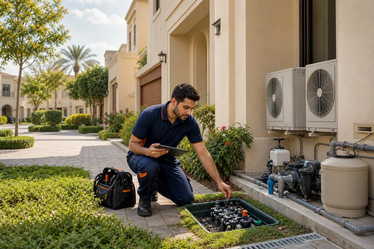 Technician inspecting outdoor villa systems in Arabian Ranches Dubai