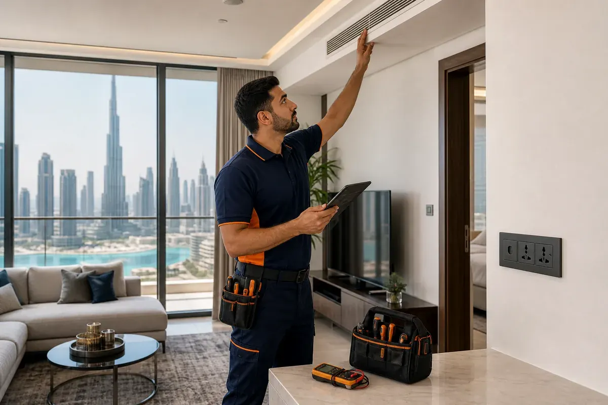 Technician checking fixtures and controls in a Downtown Dubai apartment