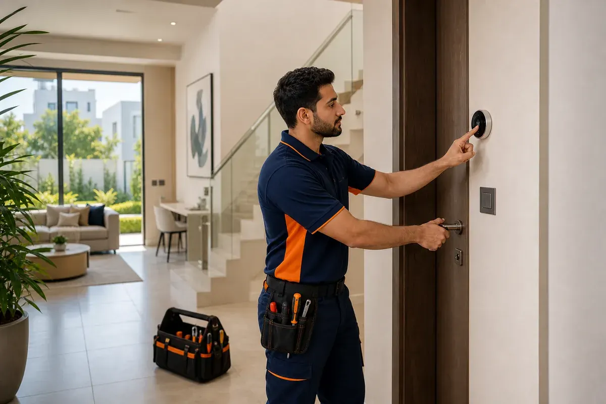 Technician checking smart controls and door hardware in a Dubai Hills home