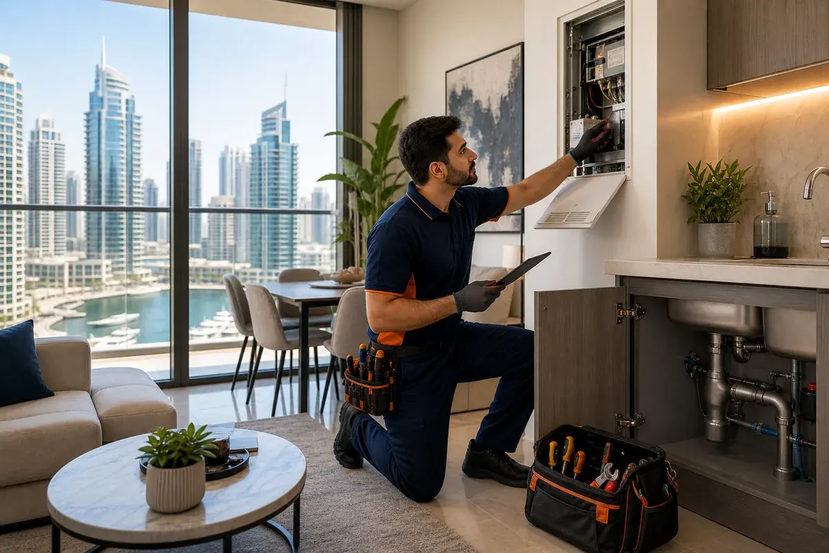 Technician inspecting AC and plumbing systems in a Dubai Marina apartment