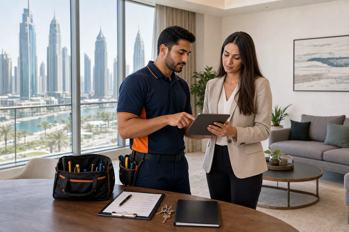 Technician and property manager reviewing maintenance work orders for Dubai property portfolios