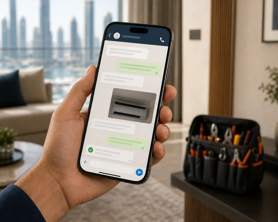 WhatsApp booking flow mockup showing a customer issue photo and GetItFixed.ae confirmation